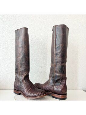 Rod Patrick Womens Knee High Cowboy Boots 9.5 Brown Caiman Leather Western Tall